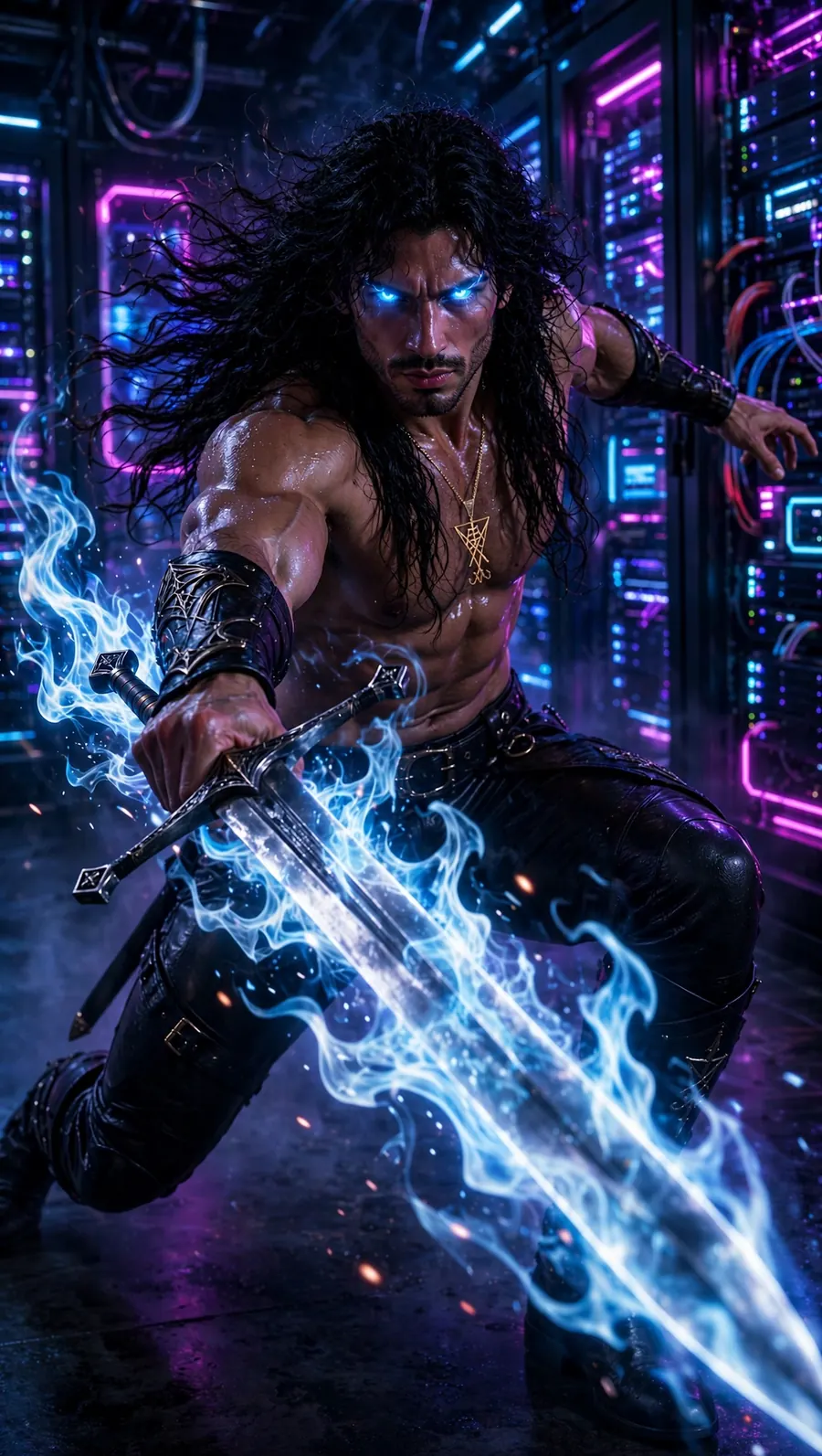 A vampire warrior with a flaming blue sword standing in a neon-lit server sanctum