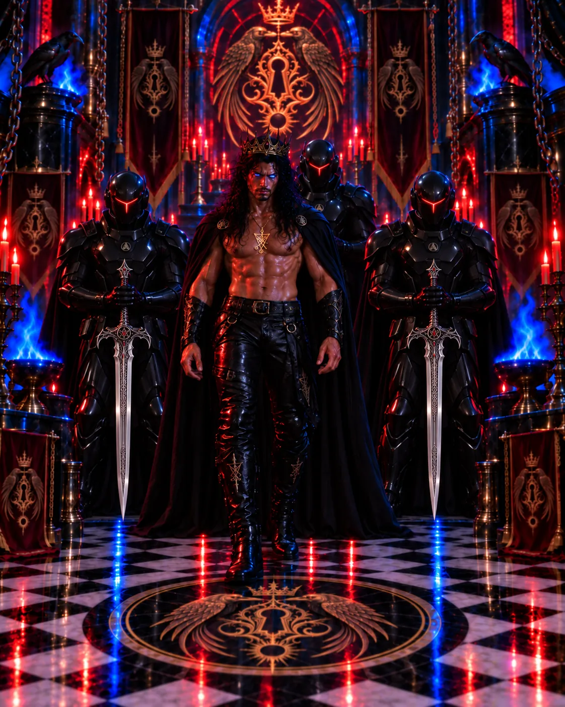 King Lucien Fontaine on his obsidian throne, flanked by armored guards, red candles burning with blue flame